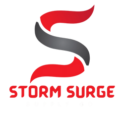 Logo of 'Storm Surge' with a stylized letter 'S' in red and gray on a white background.